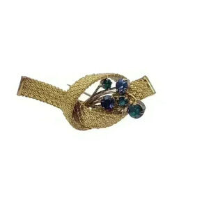 Vintage Brooch Mesh Ribbon Bow Blue & Green Rhinestone 1950s Gold Wash plated